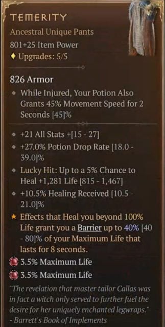 D4 Necromancer Build - Temerity Unique Pants to Grant a Barrier